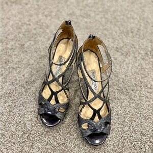 Jimmy Choo Black Glitter Strappy Open-Toe Heels